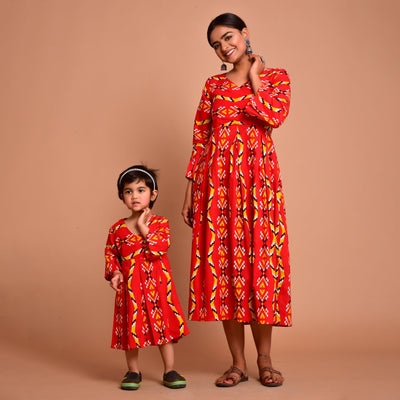 Red Zigzag Mom and Daughter Dress