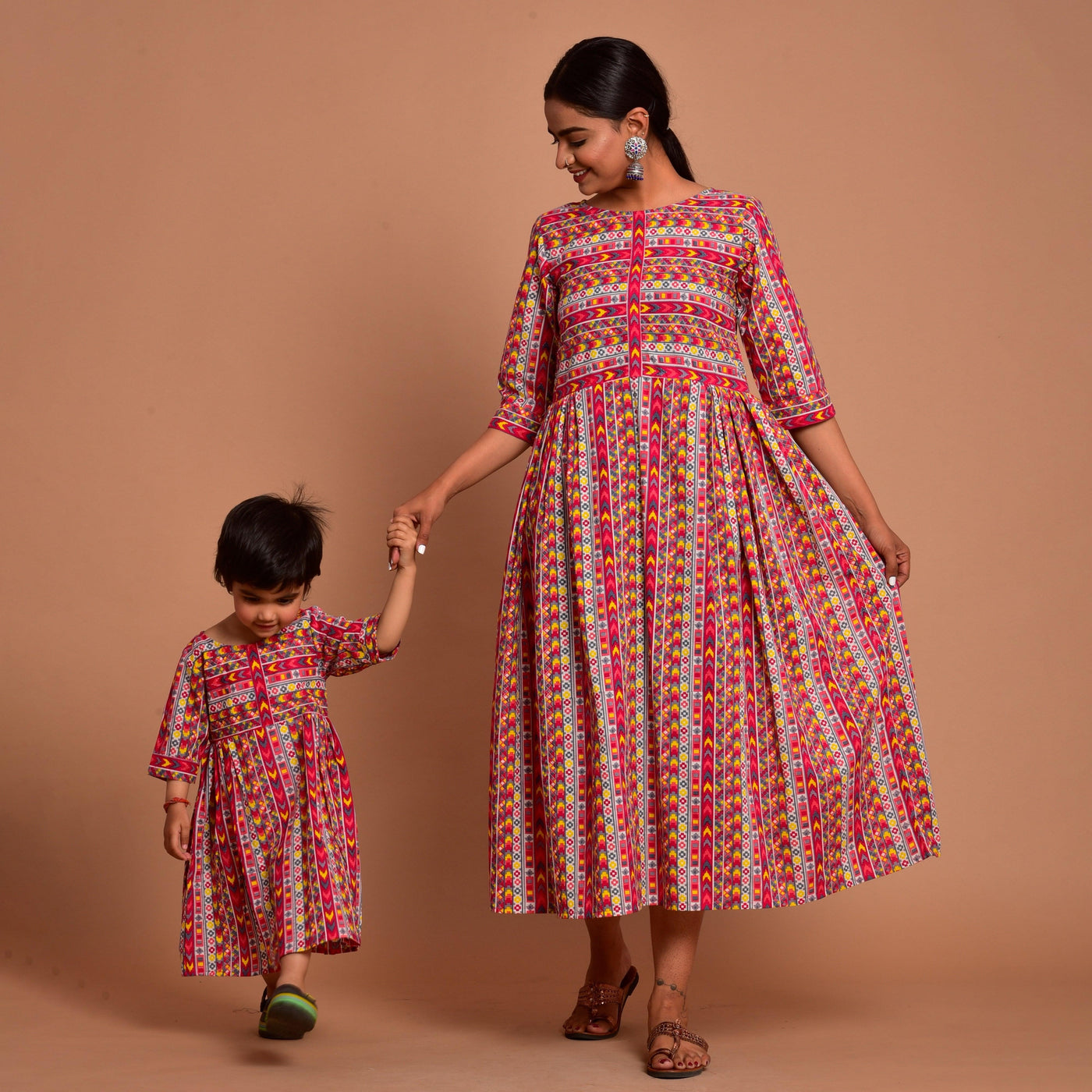 Pink Border Print Mom and Daughter Dress