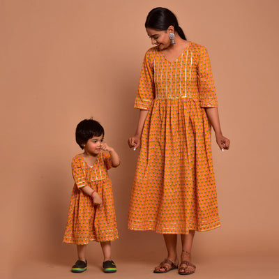 Mustard Gota Patti Work Mom and Daughter Dress