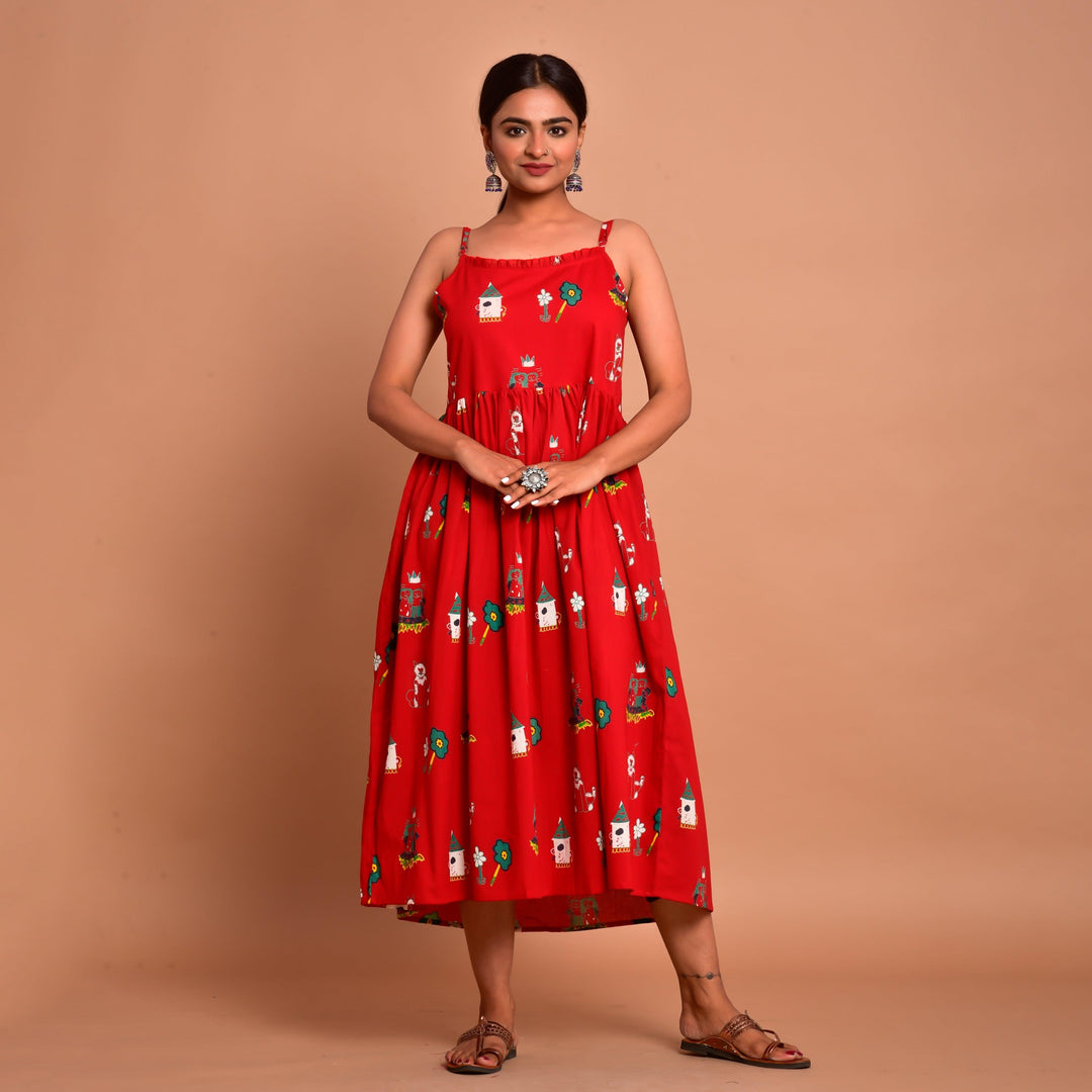 Red Fairy Tale Print Hem Shoulder Straps Dress
