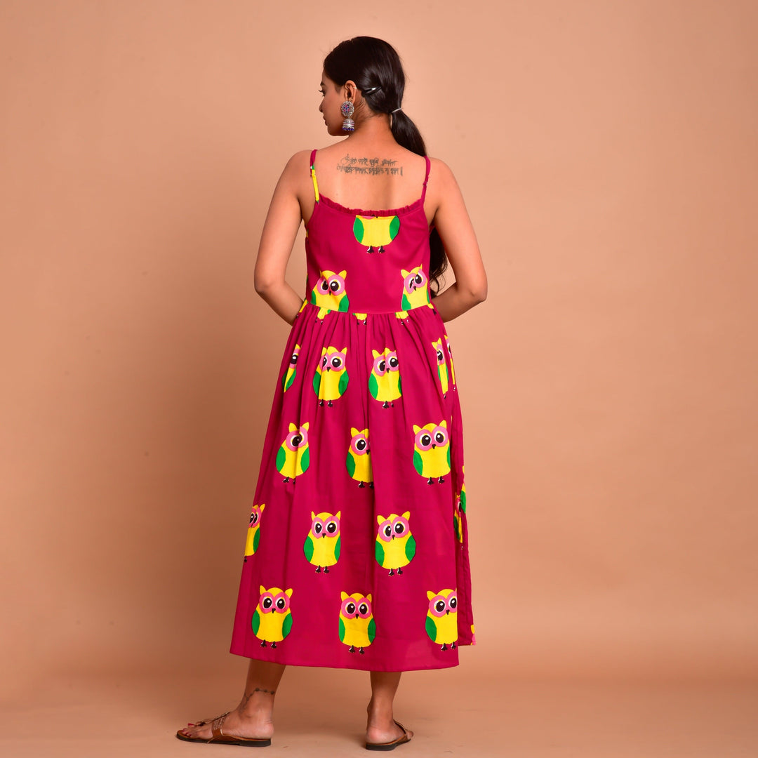 Magenta Owl Print Hem Shoulder Straps Dress