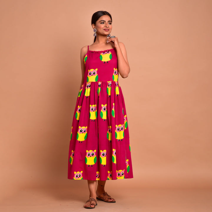 Magenta Owl Print Hem Shoulder Straps Dress