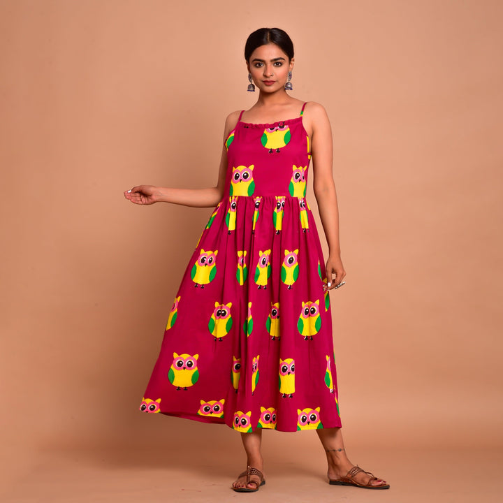 Magenta Owl Print Hem Shoulder Straps Dress