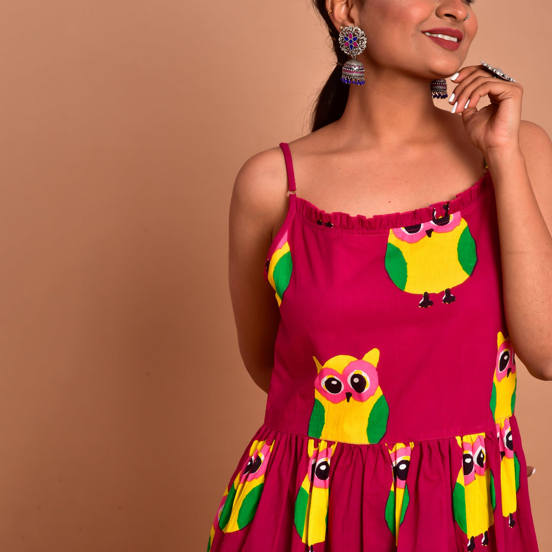 Magenta Owl Print Hem Shoulder Straps Dress
