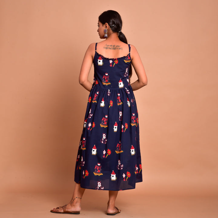 Blue Fairy Tale Print Hem Shoulder Straps Dress