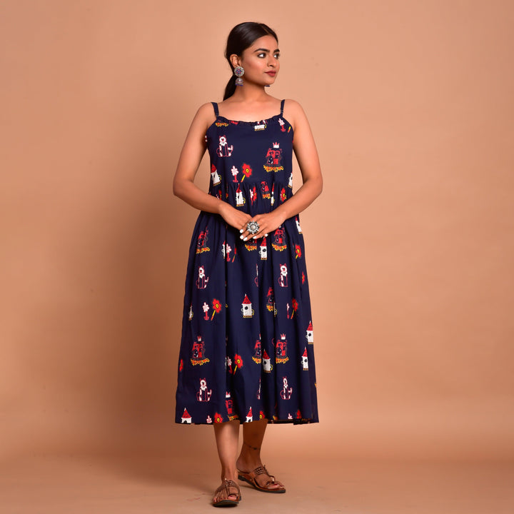 Blue Fairy Tale Print Hem Shoulder Straps Dress