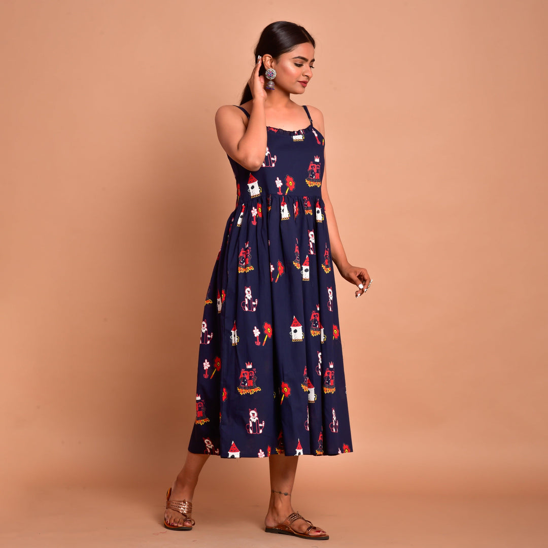 Blue Fairy Tale Print Hem Shoulder Straps Dress