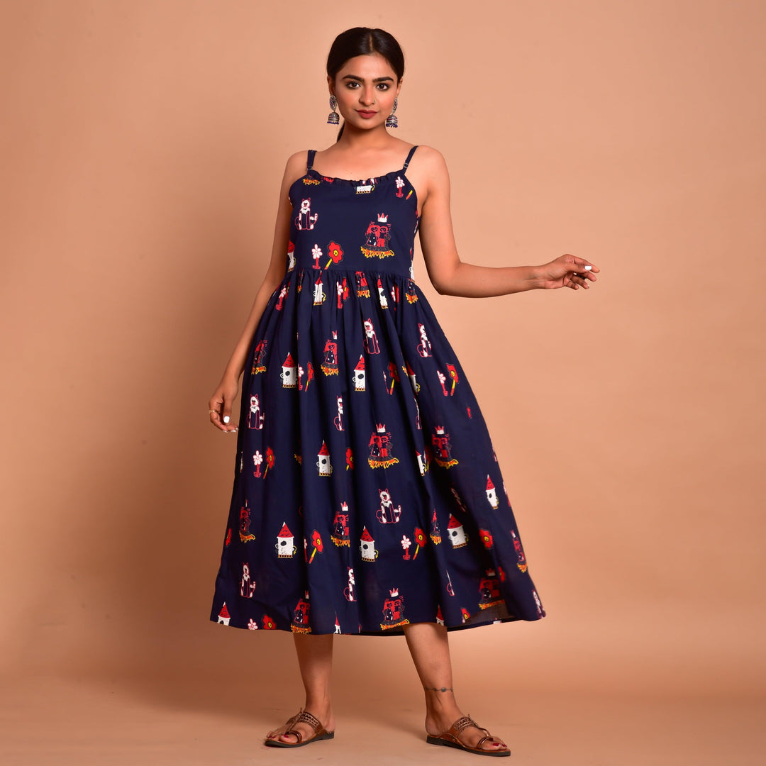 Blue Fairy Tale Print Hem Shoulder Straps Dress