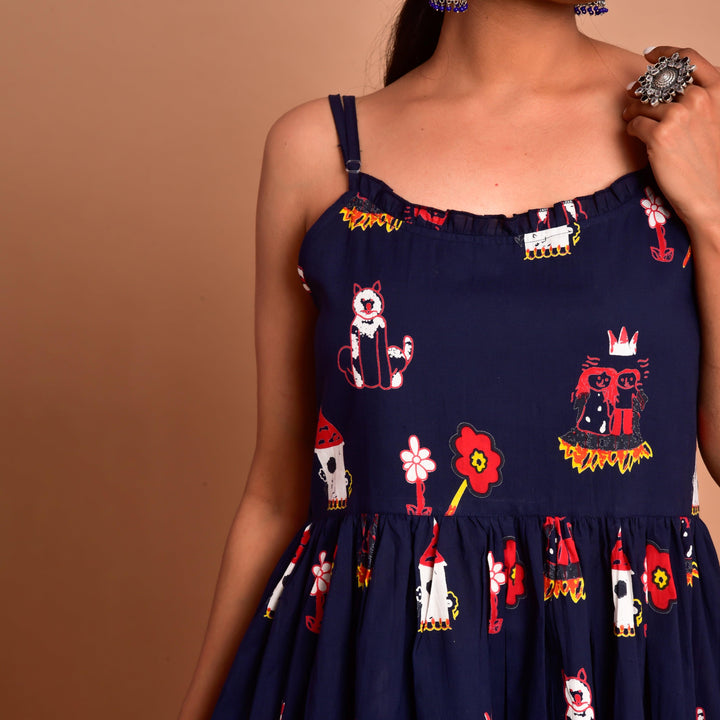 Blue Fairy Tale Print Hem Shoulder Straps Dress