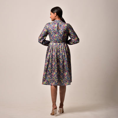 Blue Linen-Satin Knee Length Dress