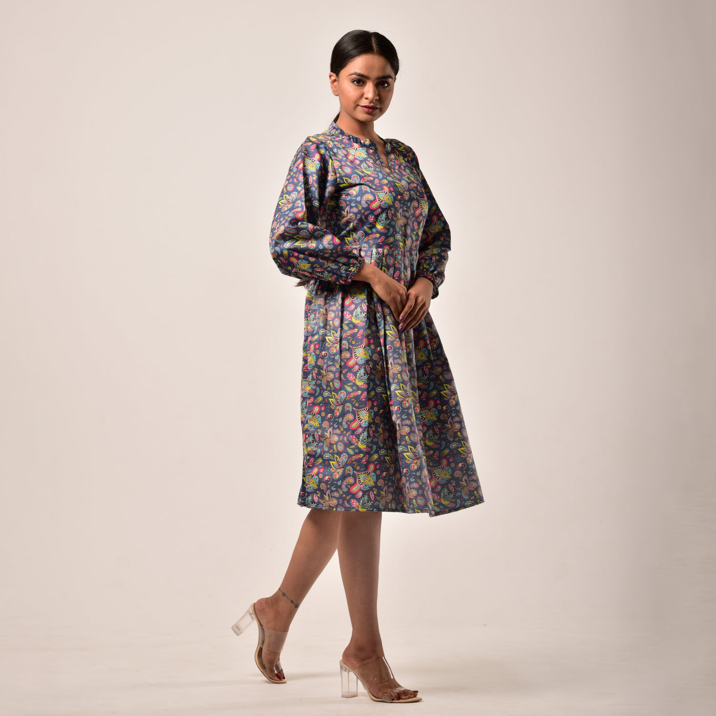 Blue Linen-Satin Knee Length Dress