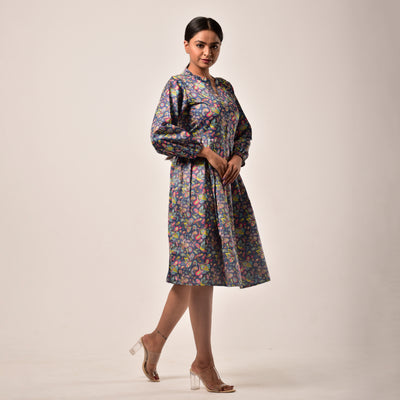 Blue Linen-Satin Knee Length Dress