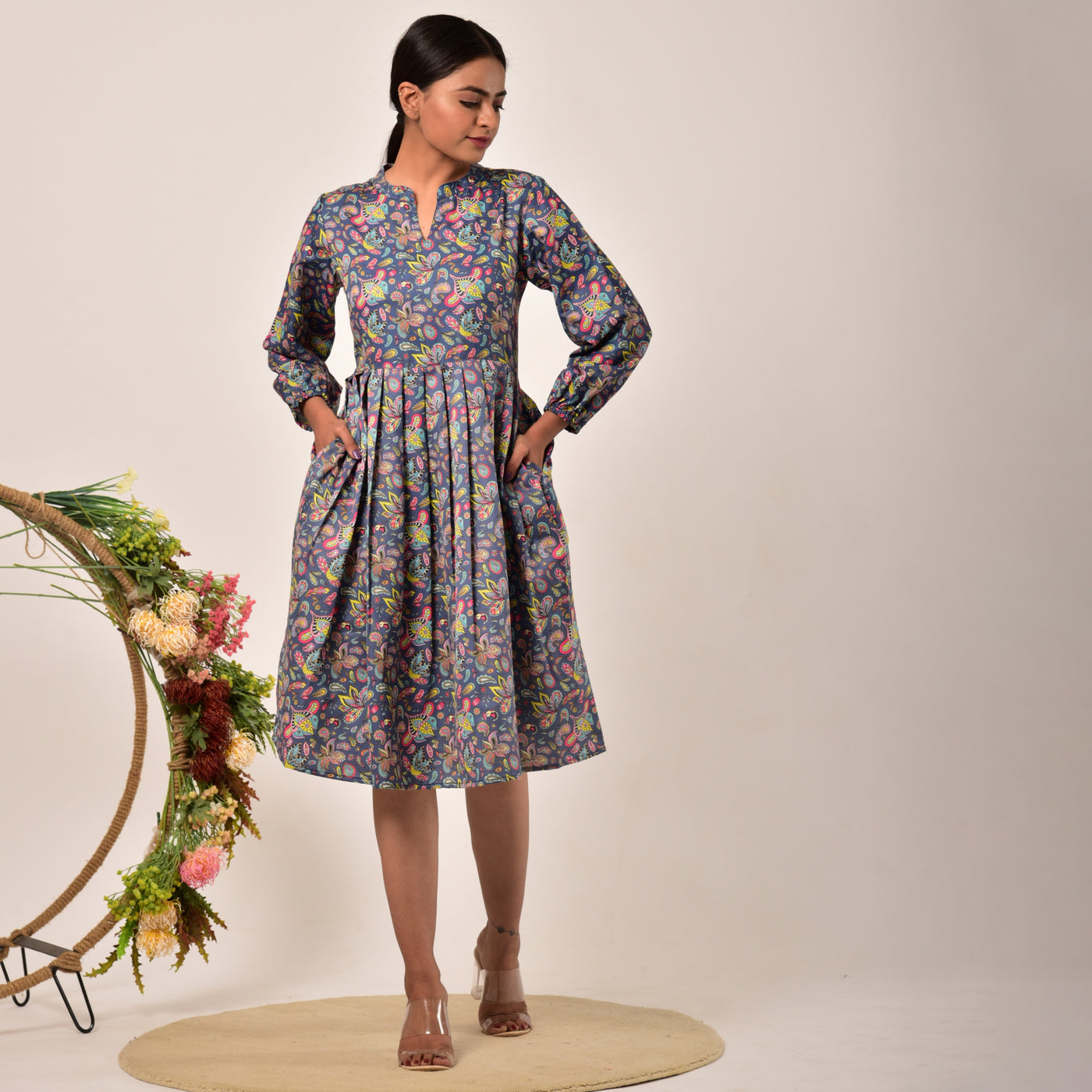 Blue Linen-Satin Knee Length Dress