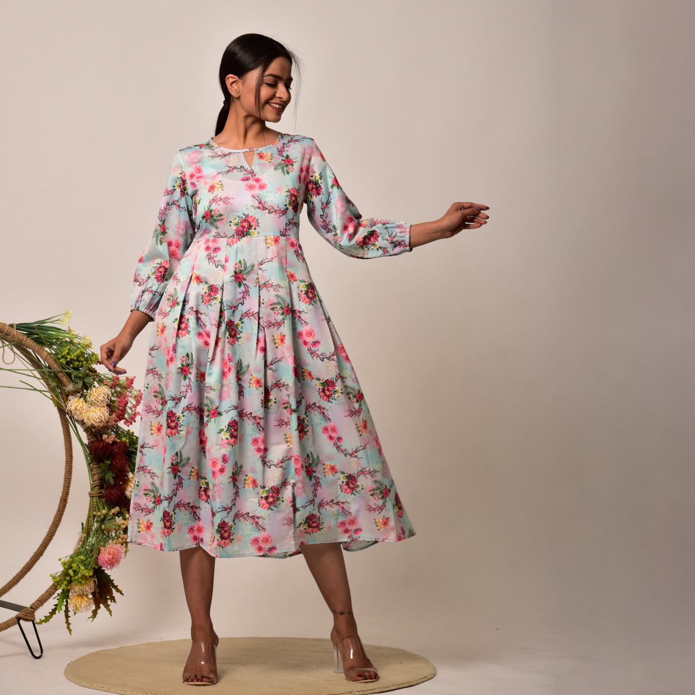White Linen-Satin Midi Length Dress