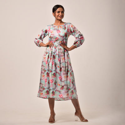 White Linen-Satin Midi Length Dress