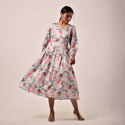 White Linen-Satin Midi Length Dress