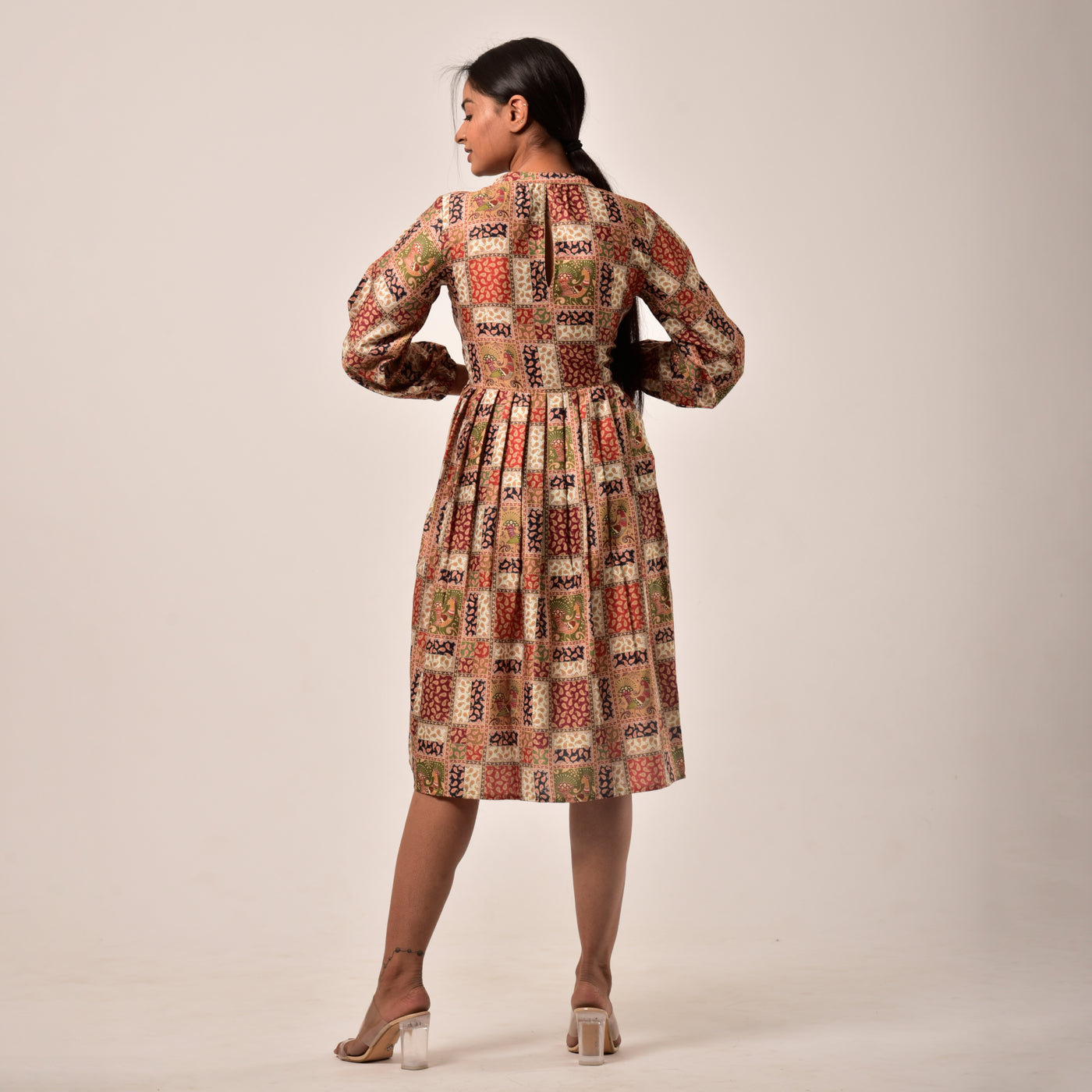 Beige Linen-Satin Knee Length Dress