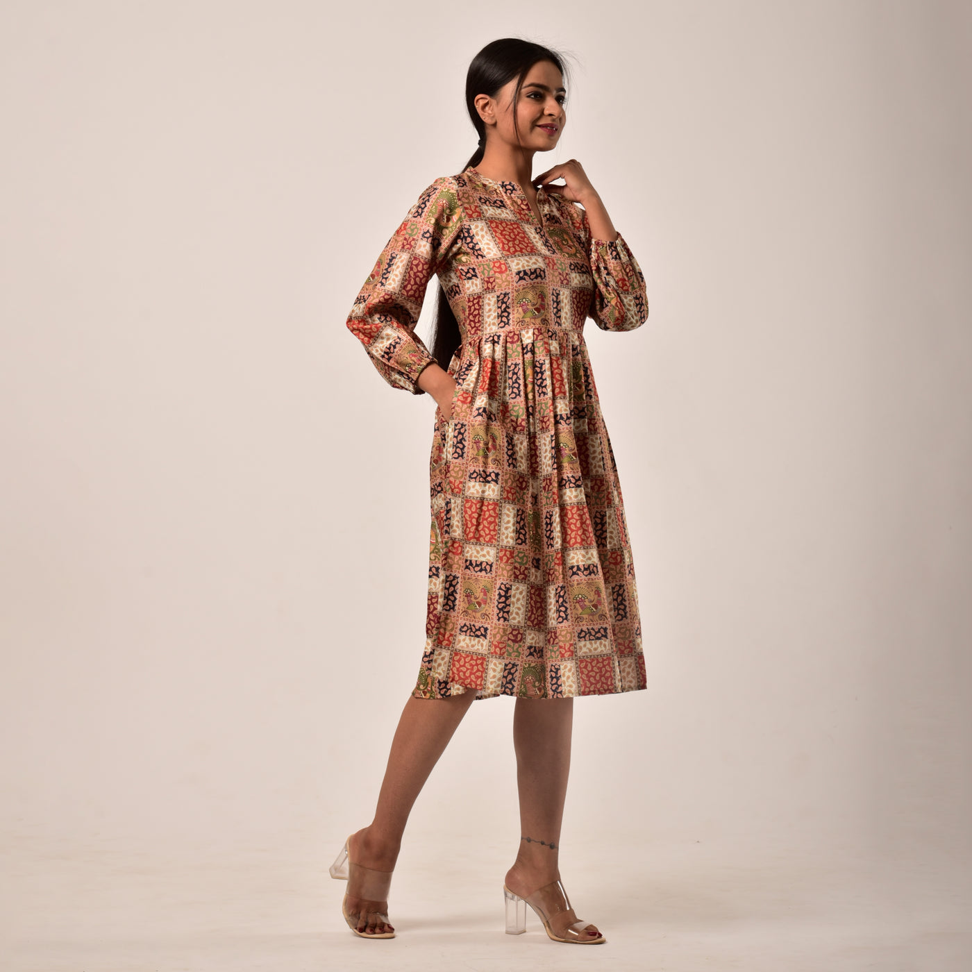 Beige Linen-Satin Knee Length Dress