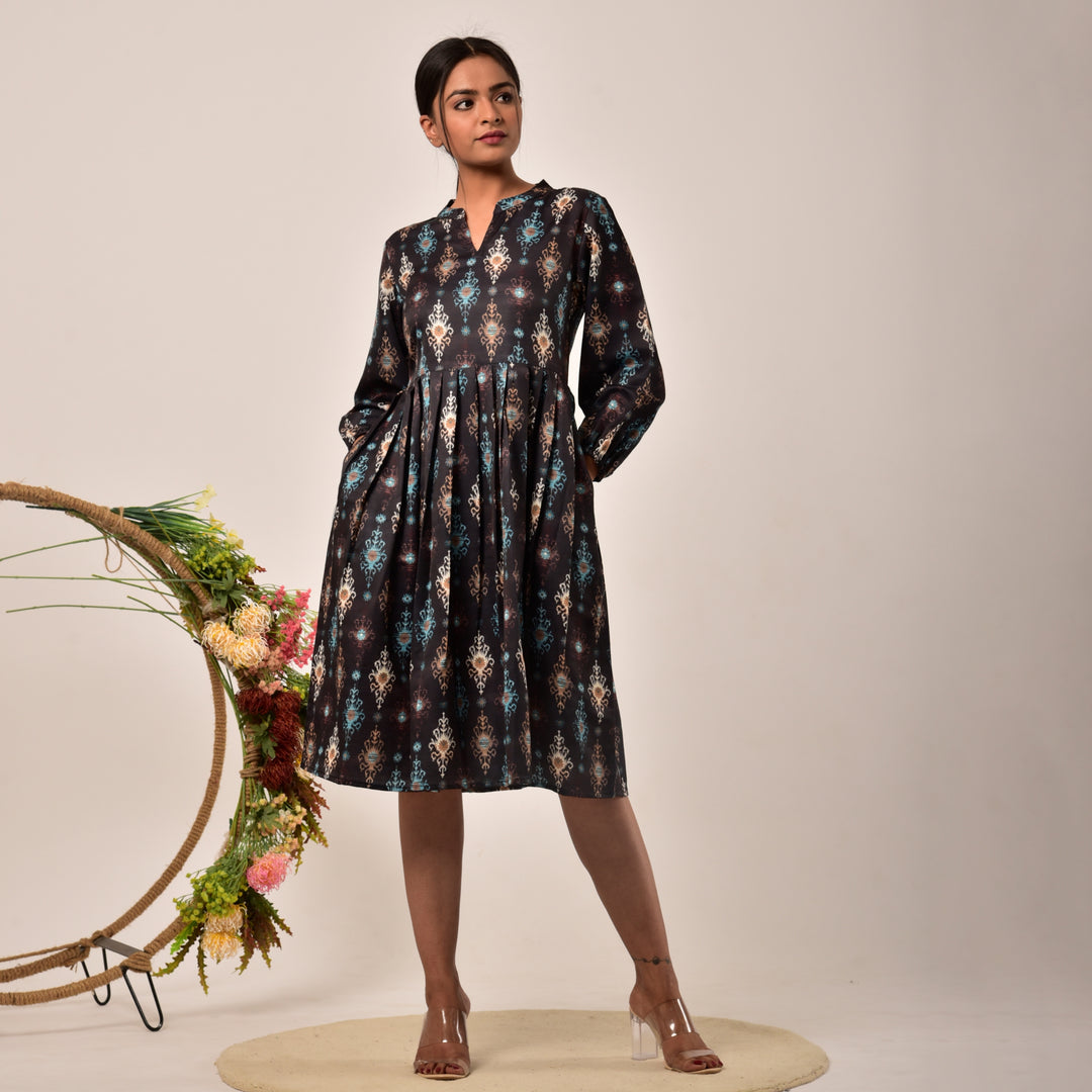 Black Ikkat Linen-Satin Knee Length Dress