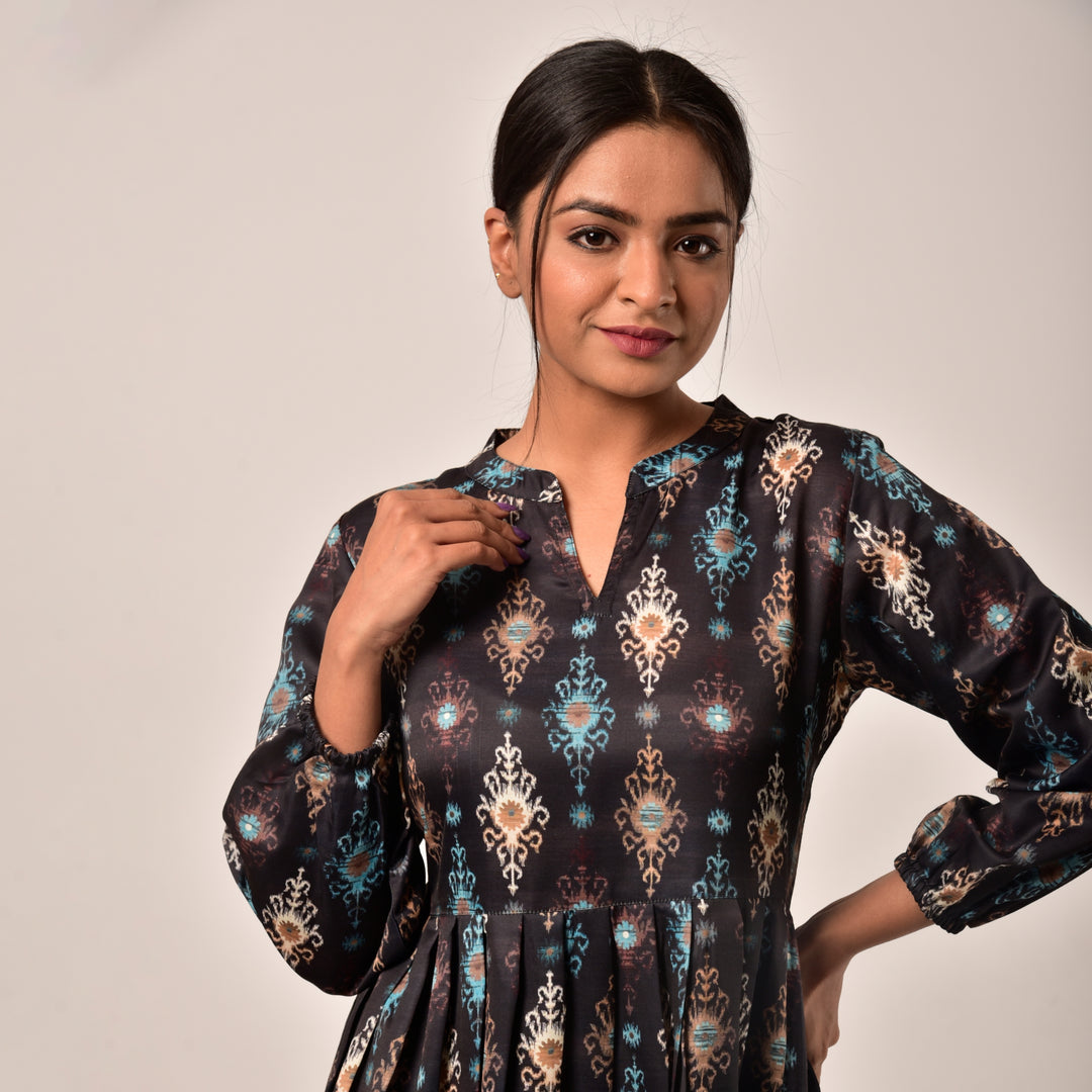 Black Ikkat Linen-Satin Knee Length Dress