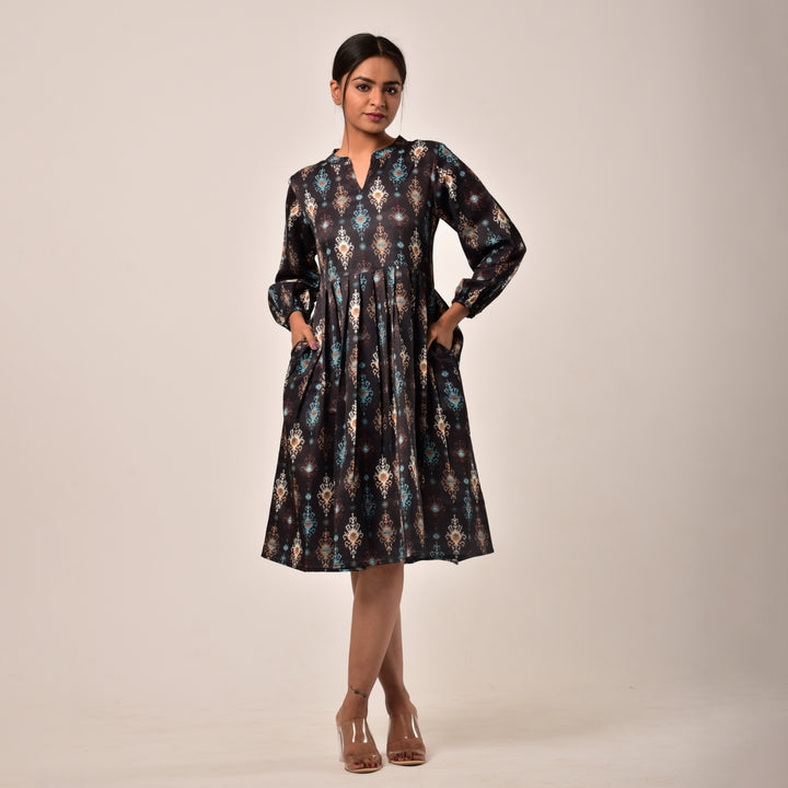 Black Ikkat Linen-Satin Knee Length Dress