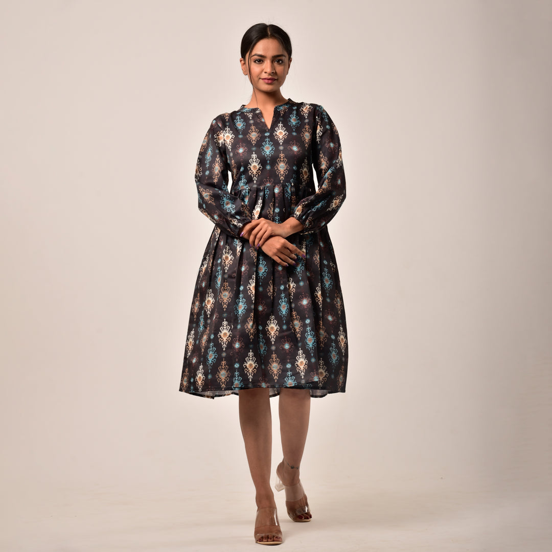 Black Ikkat Linen-Satin Knee Length Dress