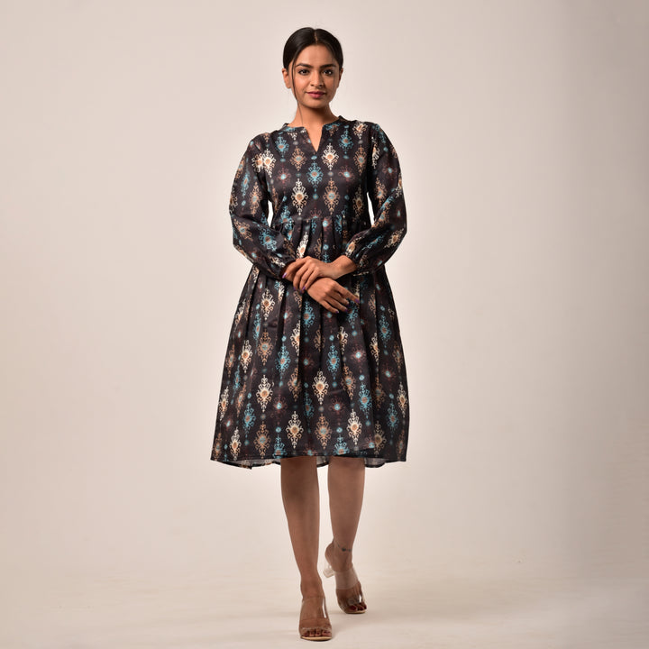 Black Ikkat Linen-Satin Knee Length Dress