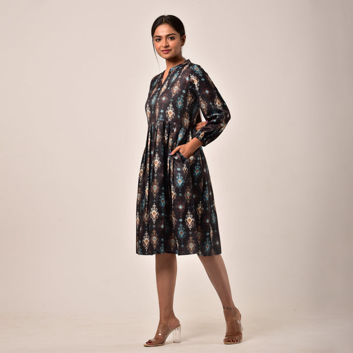 Black Ikkat Linen-Satin Knee Length Dress