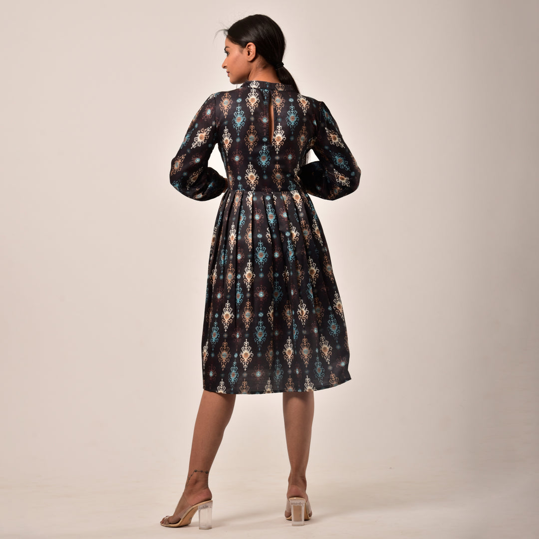 Black Ikkat Linen-Satin Knee Length Dress
