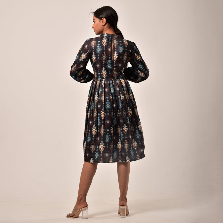 Black Ikkat Linen-Satin Knee Length Dress