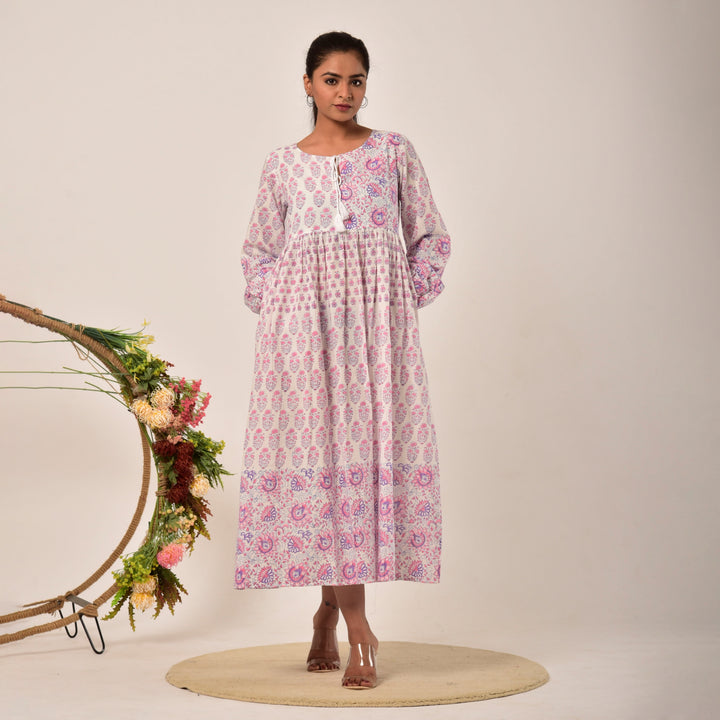 White Hand Block Print Midi Dress