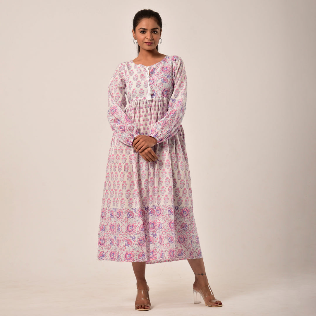 White Hand Block Print Midi Dress