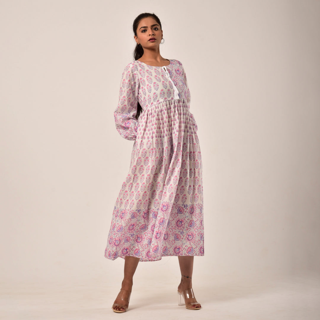 White Hand Block Print Midi Dress