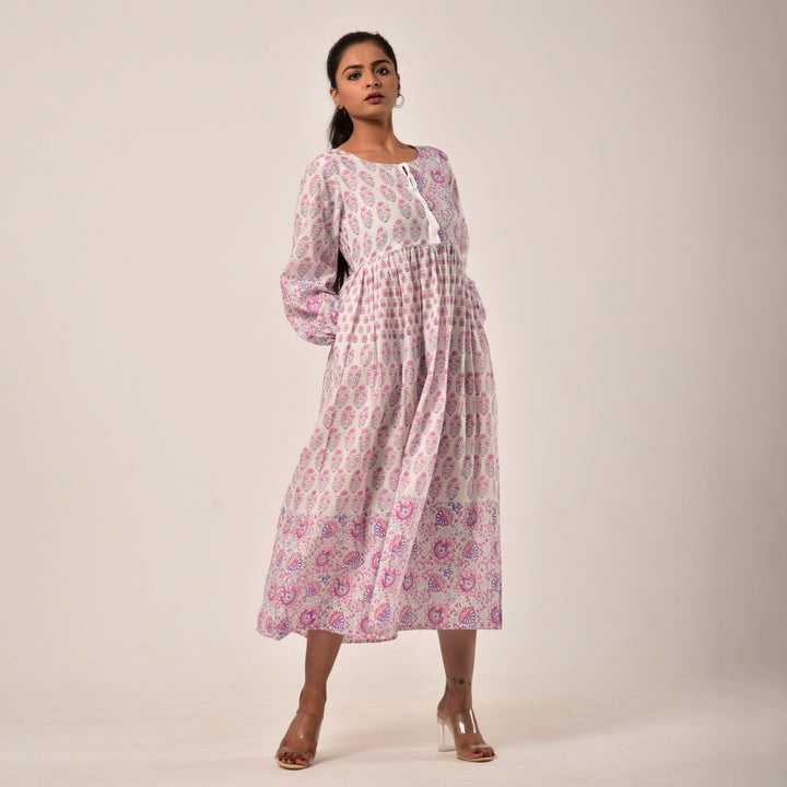 White Hand Block Print Midi Dress