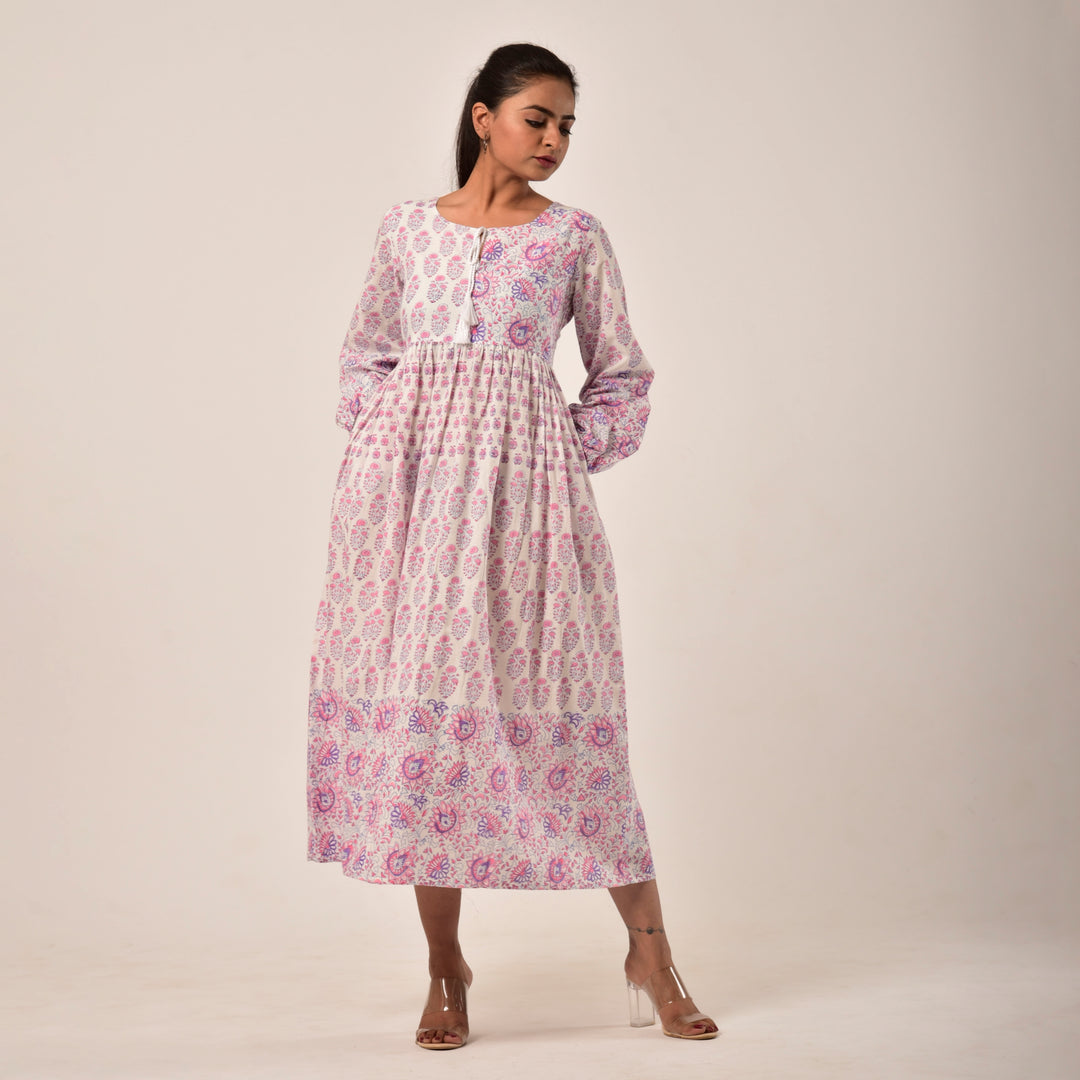 White Hand Block Print Midi Dress