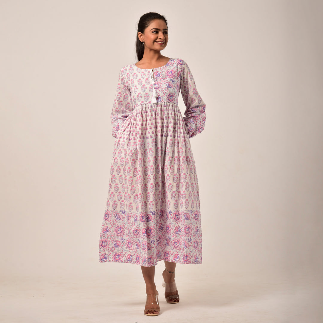 White Hand Block Print Midi Dress