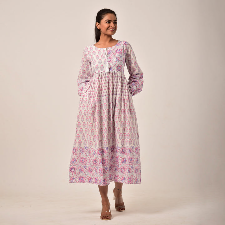 White Hand Block Print Midi Dress