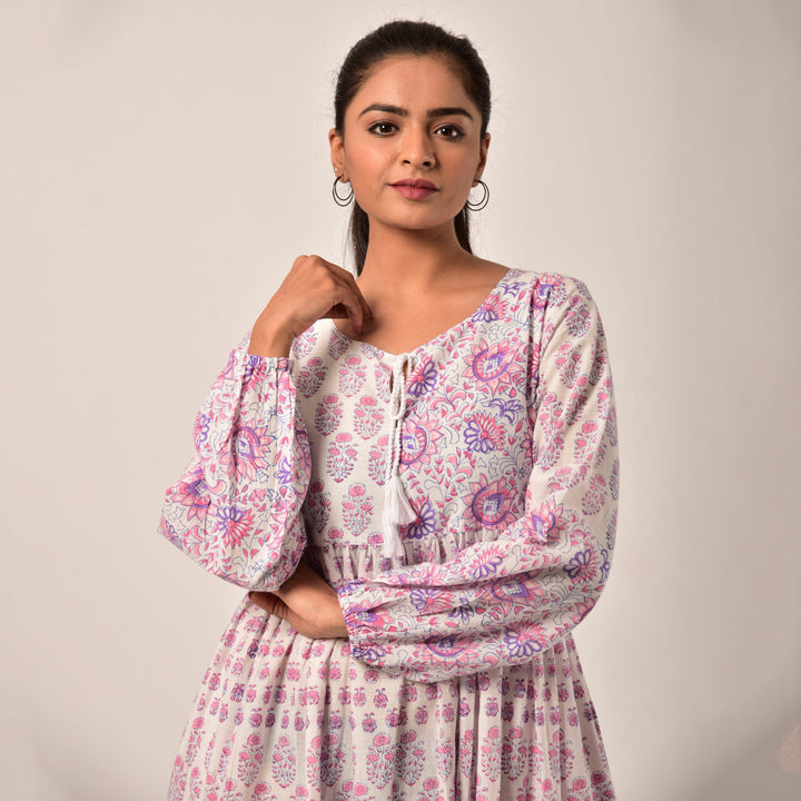 White Hand Block Print Midi Dress