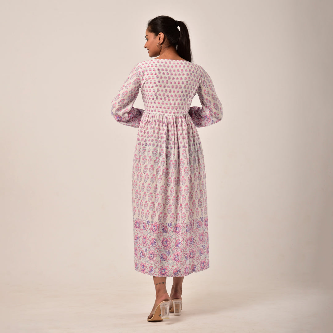White Hand Block Print Midi Dress
