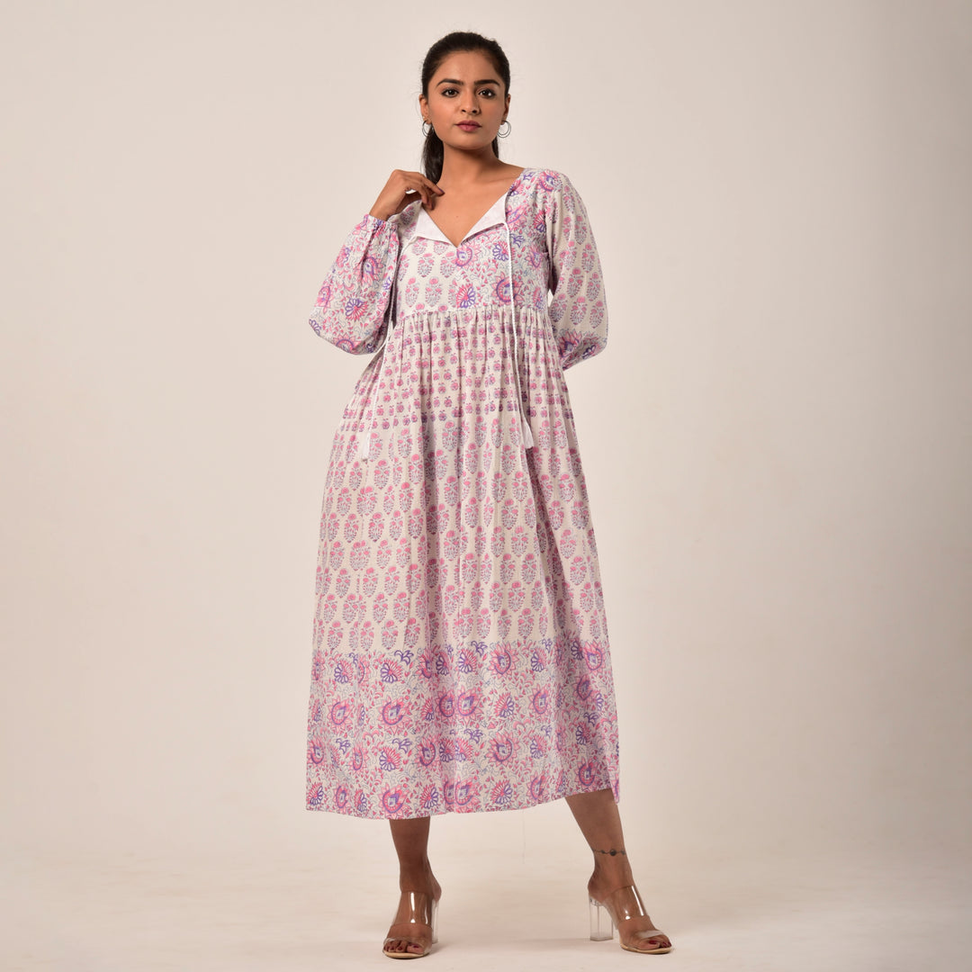 White Hand Block Print Midi Dress