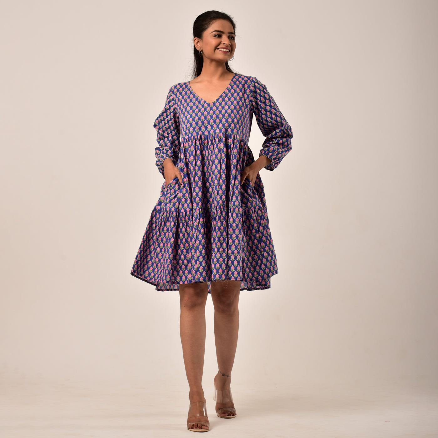 Plus Size-Blue Booti Tiered Short Dress with Pockets