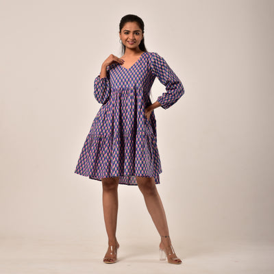 Plus Size-Blue Booti Tiered Short Dress with Pockets