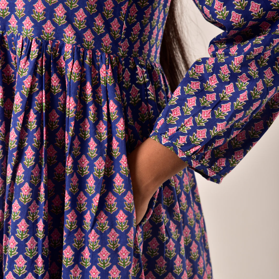 Plus Size-Blue Booti Tiered Short Dress with Pockets