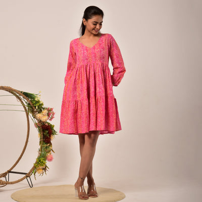 Plus Size- Shades of Pink Hand Block Print Tiered Short Dress with Pockets