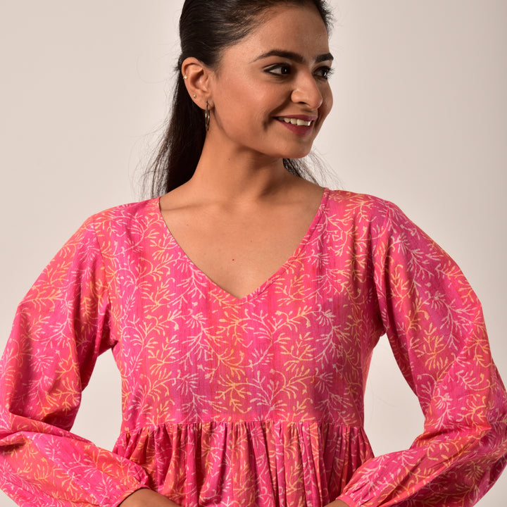 Shades of Pink Hand Block Print Tiered Short Dress