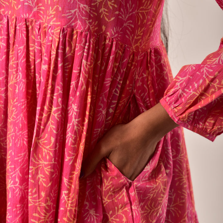 Shades of Pink Hand Block Print Tiered Short Dress