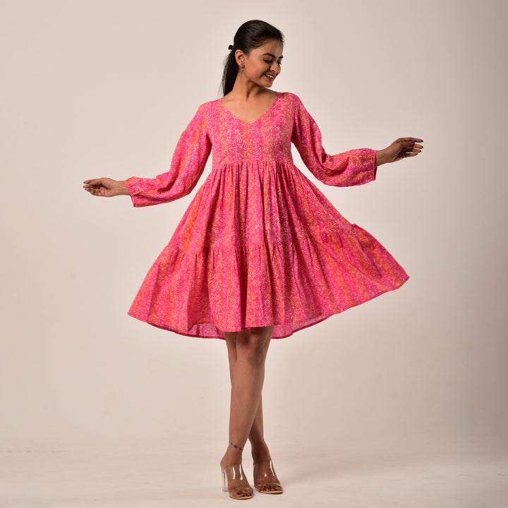 Shades of Pink Hand Block Print Tiered Short Dress