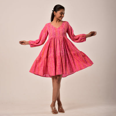 Plus Size- Shades of Pink Hand Block Print Tiered Short Dress with Pockets