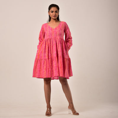 Shades of Pink Hand Block Print Tiered Short Dress