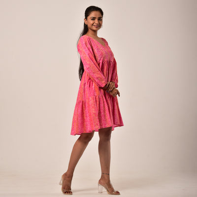 Shades of Pink Hand Block Print Tiered Short Dress